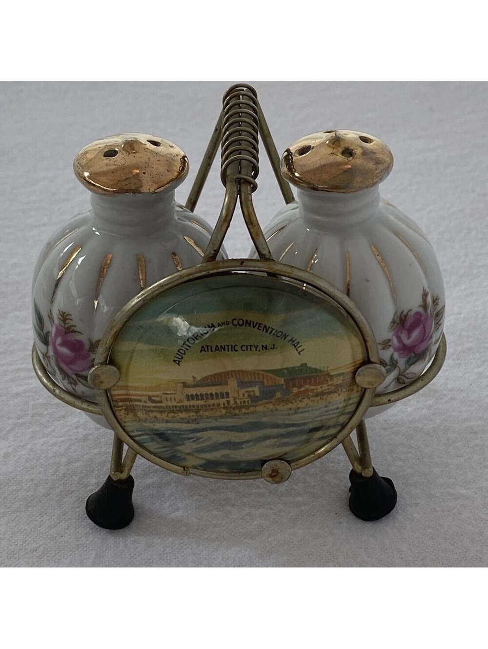 Vtg Ceramic Atlantic City, NJ White & Gold Dipped Rose Shakers W/Caddy, Japan
